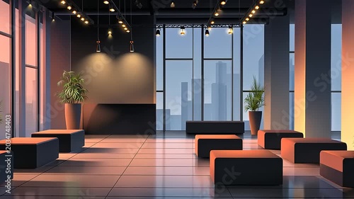 modern office lobby interior with seating area
