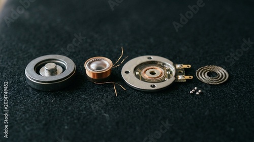 Disassembled audio speaker driver components on a black background.