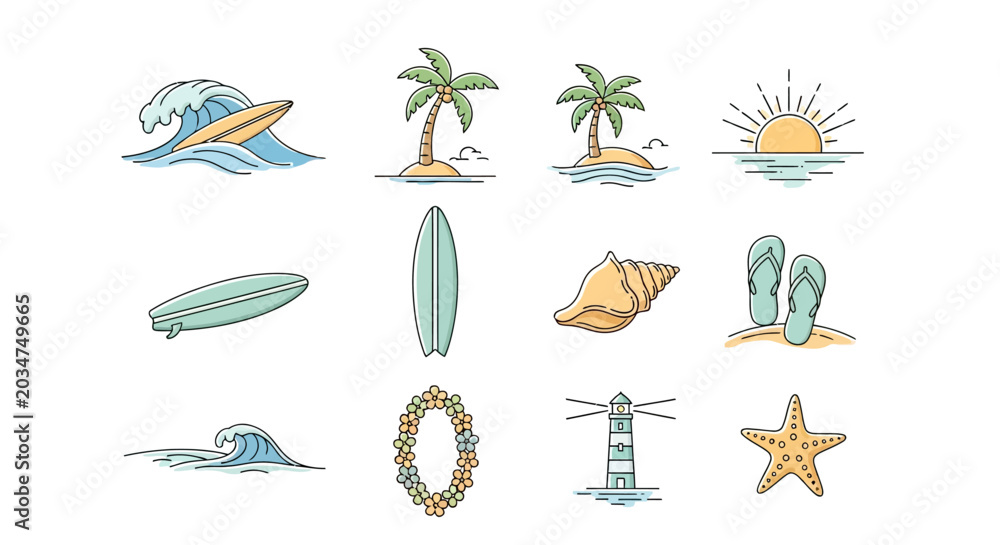 Obraz premium Summer Beach Vacation Line Art Icon Collection