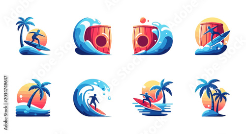 Vibrant surfing and tropical beach icons for summer vacation concepts.