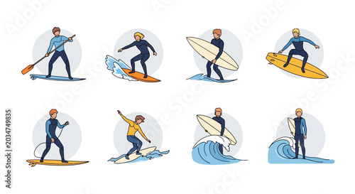 Flat vector illustrations of male surfers and paddleboarders in action