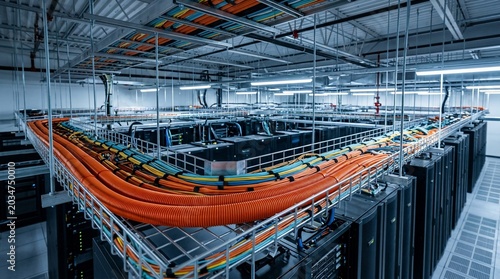 High density data center server room with orange fiber optic cables.