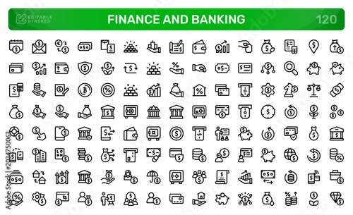 Finance and Banking icon set. Editable line icons. Professional and modern outline icon pack vector illustration with strategic retirement planning and pension fund graphics in a simple design.