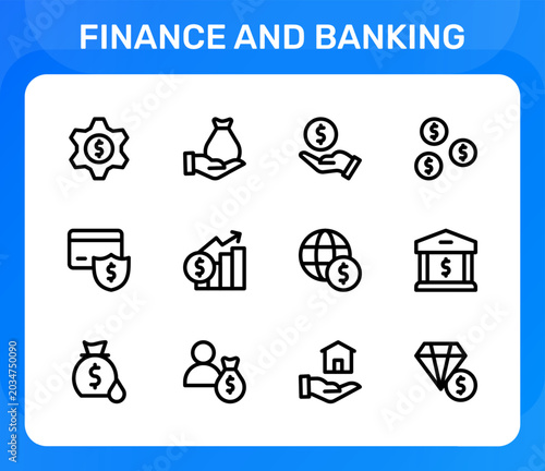 Finance and Banking icon set. Editable line icons. Professional and modern outline icon collection vector illustration highlighting corporate finance and capital management tools in a clean design.