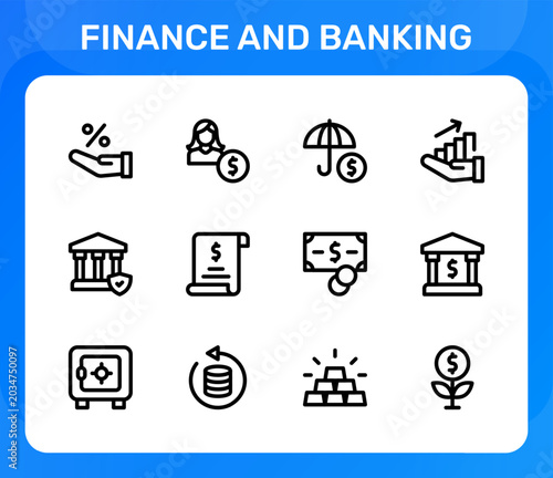 Finance and Banking icon set. Editable line icons. Professional and modern outline icon collection vector illustration with protective financial insurance and safety shield symbols in a flat design.
