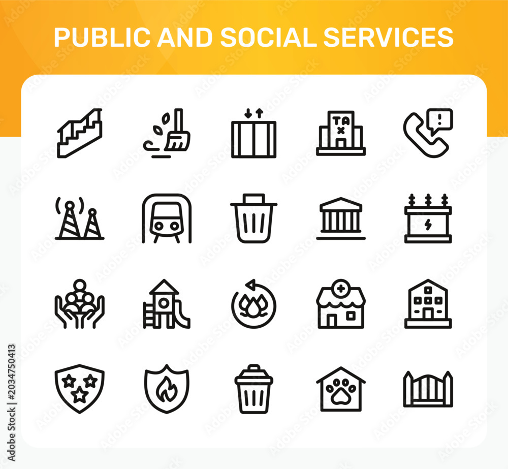 Fototapeta premium Public and Social Services icon set. Editable line icons. Professional and modern outline icon collection vector illustration representing welfare assistance