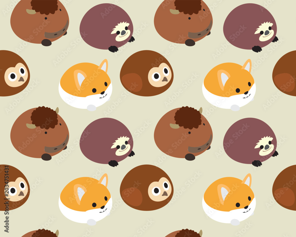 Fototapeta premium Meringue Animal Owl Bison Sloth Fox Seamless Pattern Background