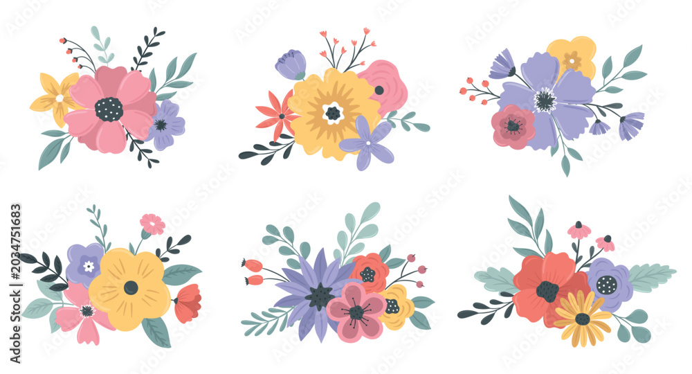 Fototapeta premium Collection of flower bouquets. Hand drawn floral elements. Vector illustration isolated on a white background