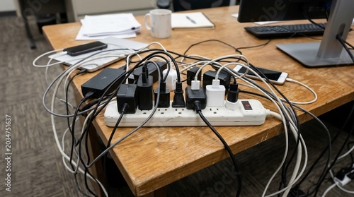 Messy Power Strip with Tangled Cords and Electronic Devices on Office Desk.
