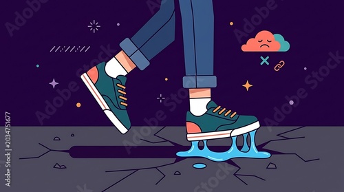 Surreal illustration: Person stuck in sticky blue goo on cracked ground, melancholic night sky, abstract shapes, difficult situation