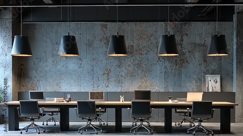 modern office space with gray walls and black lamps