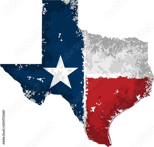 Distressed Texas state map with flag texture and isolated white background