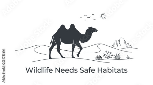 Photography Minimalist Illustration of a Camel Walking in the Desert Landscape