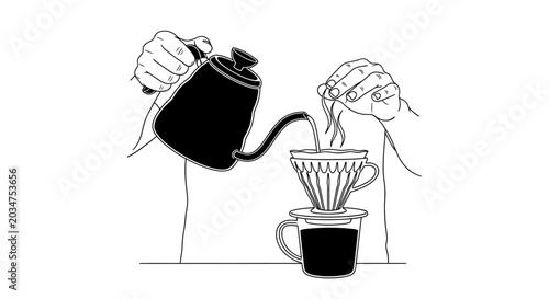 Obraz na plátně Hand drawn illustration of a person brewing pour over coffee.