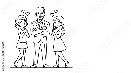 Photos Line art illustration of a man with two admiring women.