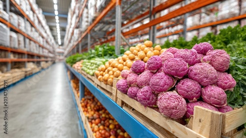 Fresh Organic Produce Displayed on Shelves in a Modern Grocery Warehouse Filled with Colorful Vegetables and Fruits