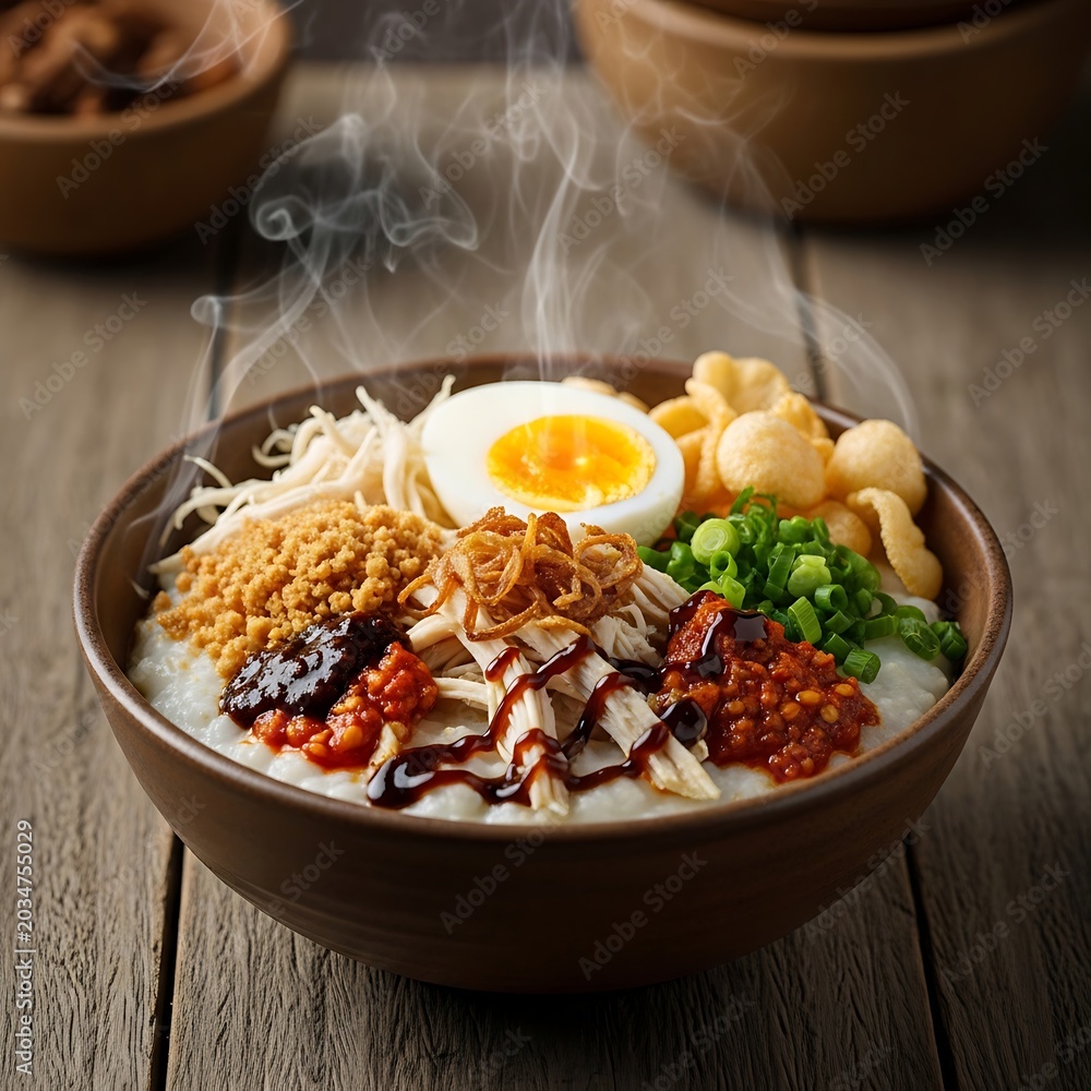 Fototapeta premium Delicious Chicken Rice Porridge Served in a Wooden Bowl