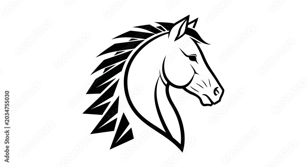 Fototapeta premium Elegant Horse Head Silhouette, Stylized Mane, Vector Art, Black and White