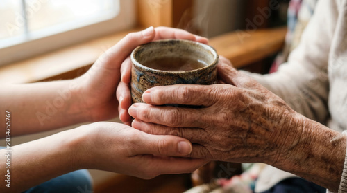 Emotional Close Up Of Young Person Holding Elderly Hands Around Warm Ceramic Tea Mug