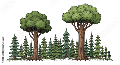 Two Large Trees Stand Tall Amidst A Forest Of Evergreen Trees.