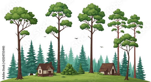 Canvastavla Two small houses in a forest.