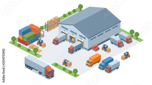 Isometric illustration of a busy warehouse with trucks and forklifts for logistics and delivery operations.