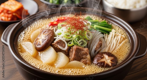 A steaming hot bowl of ramen noodles, garnished with green onions, sesame seeds, and a sprinkle of red pepper flakes, served in a black ceramic bowl with a wooden handle.