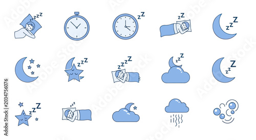 Bild auf Leinwand Sleep Icons Set: Moon, Stars, Clouds, Clock, Person Sleeping, Zzz