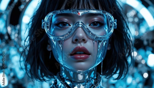 Woman wearing futuristic cyberpunk goggles in neon blue sci-fi lighting portrait