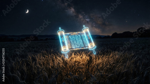 Glowing Neon Blue Hologram Of A Hebrew Scroll Floating Above A Dark Wheat Field Under Starry Sky