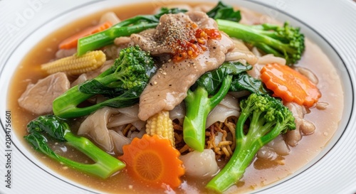 A vibrant and colorful stir-fry dish featuring a variety of ingredients such as chicken, vegetables, and noodles, served in a white bowl.