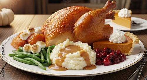 A roasted turkey with mashed potatoes, green beans, cranberry sauce, and stuffing, served on a white plate with a fork and knife.
