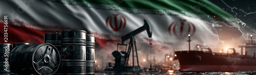 Oil Industry in Iran: A composite image representing Iran's oil industry, featuring oil barrels, an oil rig, and a tanker ship.