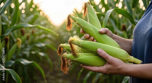 A person is standing in a field of corn, holding a bunch of corn in their hands. The corn is green and has brown husks on top.