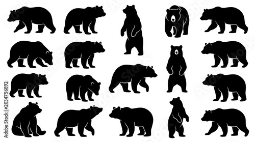 Canvas Print Collection of diverse bear silhouettes in various poses on a white background