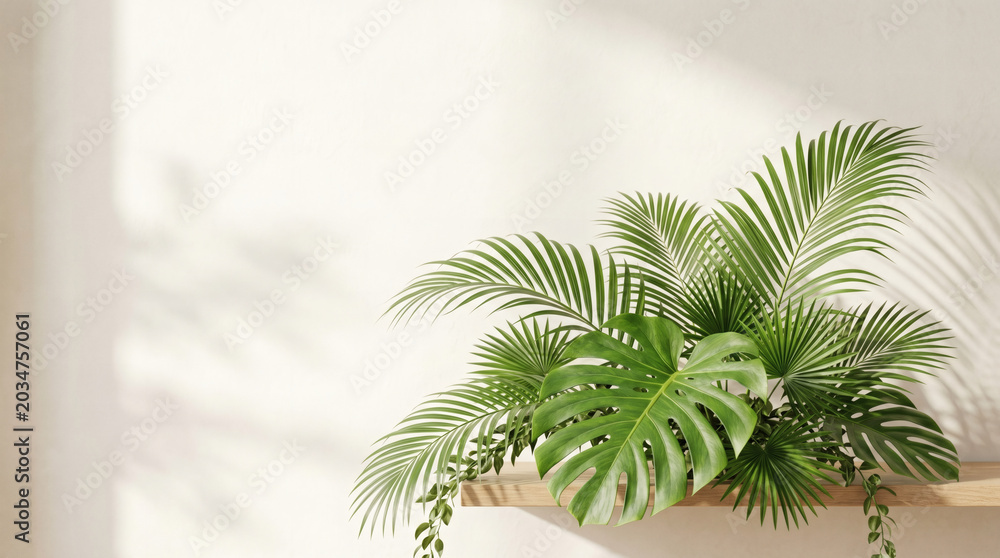 Obraz premium Minimalist Tropical Leaves Background with Shadows