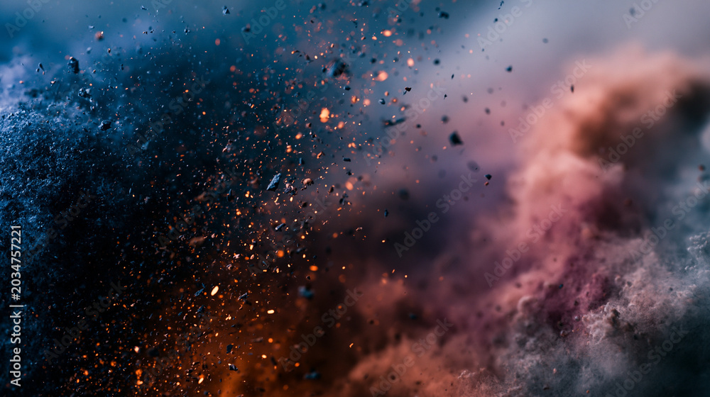 Obraz premium Explosive Dust Cloud: A dramatic explosion of colored dust in mid-air, creating a vibrant and energetic abstract composition with particles scattered across a dark background.