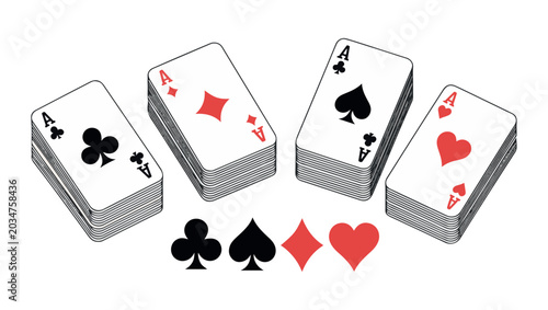 Photography Stacks of ace playing cards with different suits and card symbols on white background