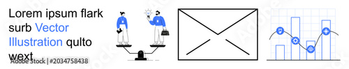 Business management, communication, data visualization, analysis tools, corporate strategy, decision-making. Figures balancing scales, an envelope and a data graph. Business management