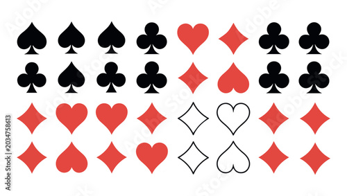 Valokuva Collection of playing card suits in red and black colors on white background
