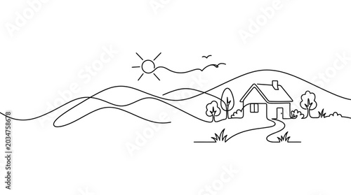 Foto Minimalist continuous line art of a countryside house and hills.