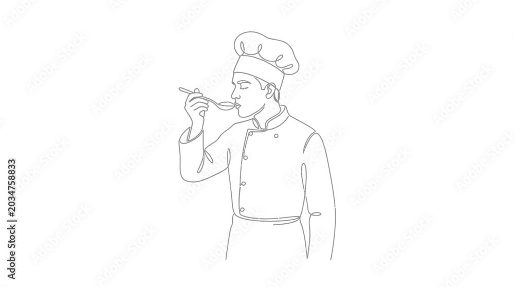 Fototapeta premium Line art illustration of a professional chef tasting food from a spoon.