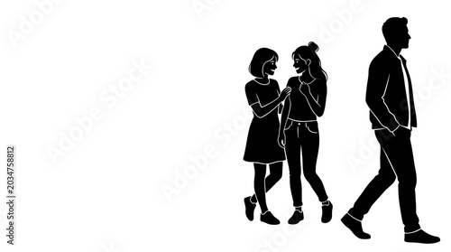 Tableau sur toile Silhouette illustration of a man walking past two talking women.