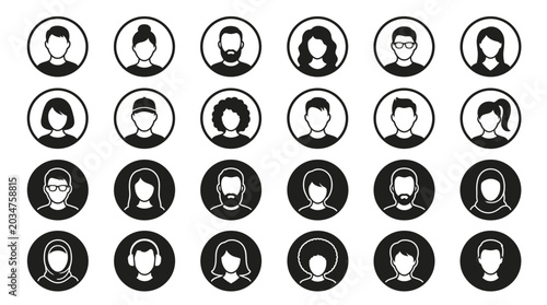 black and white circular avatar icons of corporate executives, office managers and employees, perfect for digital profile interfaces, corporate team pages and business presentations