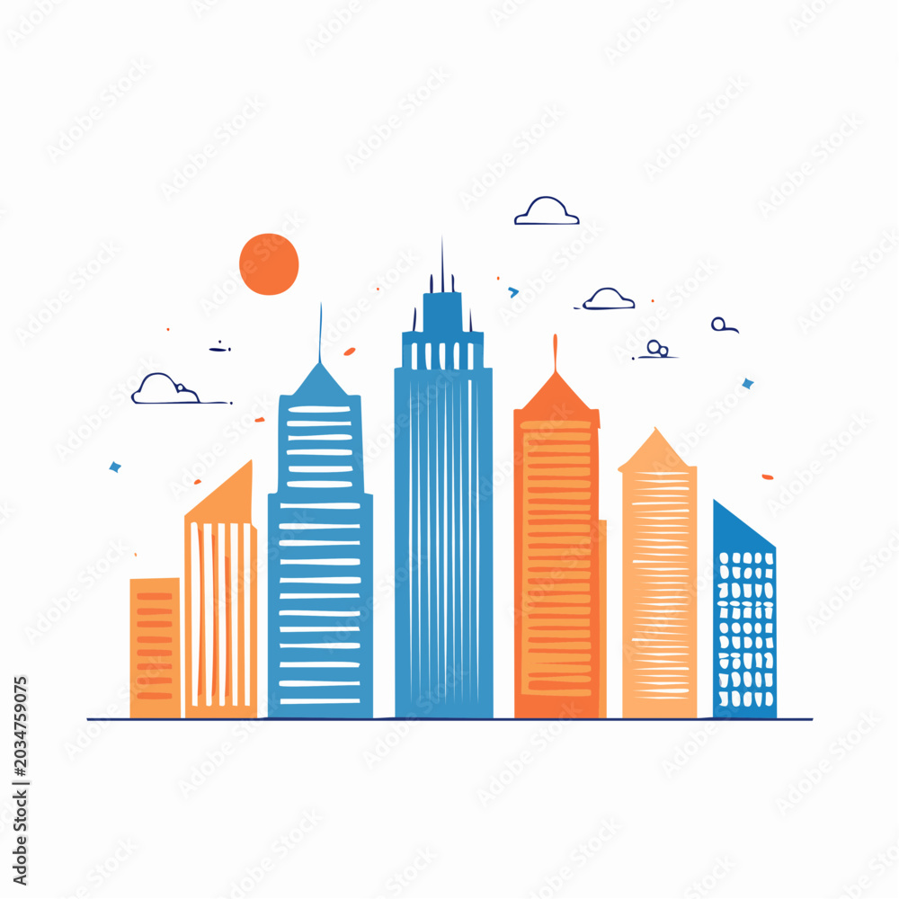 Fototapeta premium Stylized Cityscape with Skyscrapers and Sun