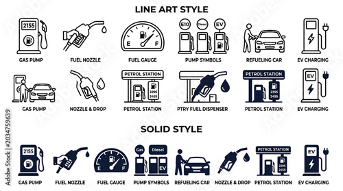 Fotografía Line art and solid gas pump icon set featuring fuel dispensers for transportatio