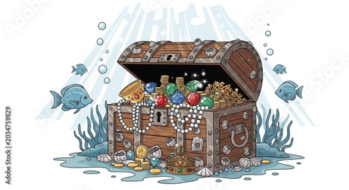 Fotografi Underwater Treasure Chest Overflowing with Gold Coins and Jewels.