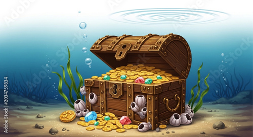 Bild auf Leinwand Underwater Treasure Chest Filled With Gold Coins And Jewels.