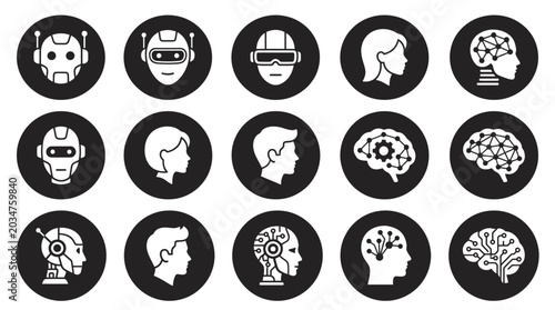 Collection of futuristic robot and human head icons.