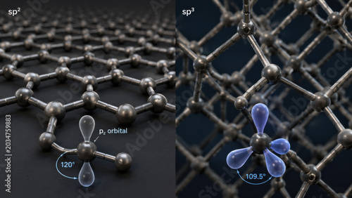 Fascinating view to compare carbon atom hybridization state showing diamond crystal structure versus planar graphene lattice highlighting orbital network beautifully